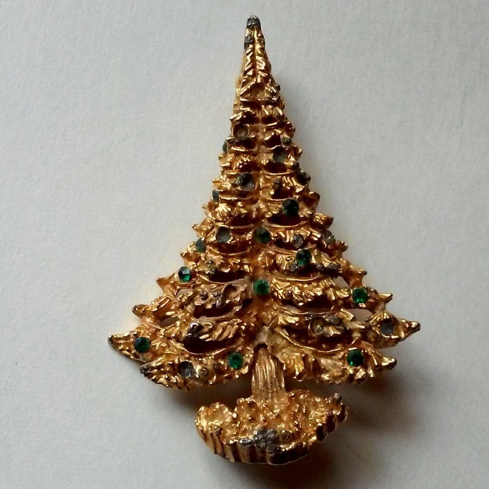 Vintage Eisenberg Tree Brooch Pin GOld Green Stones A Few Stones Missing 2" Tall